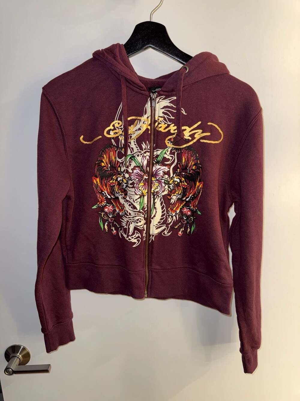 Ed Hardy Women's Tiger Graphic Zip-Up Hoodie Maroon Size M